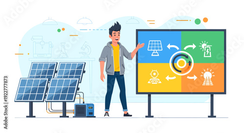 Man presenting solar energy solutions with solar panels and infographic display.