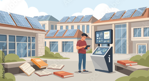 Student Interacting with Interactive Kiosk on Campus.