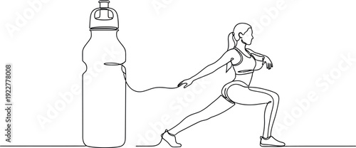 Continuous line drawing depicts an athletic woman performing a deep lunge exercise next to a large hydration water bottle representing health and fitness goals.