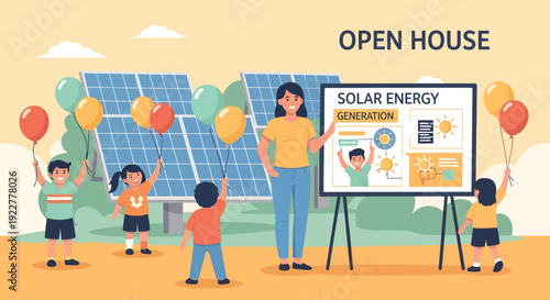 Teacher and children learning about solar energy at an open house event.