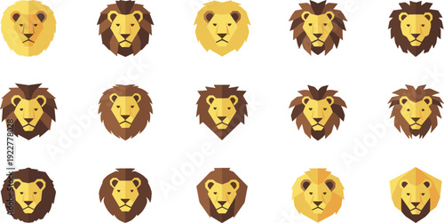 Lion head icon set flat vector collection of wild animal faces and safari predator symbols isolated on light background
