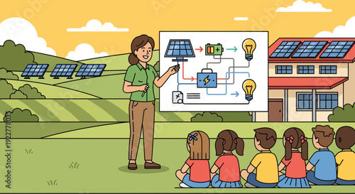 Teacher explaining solar energy system to children outdoors.