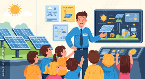 Teacher explaining solar energy to curious children in a classroom setting.