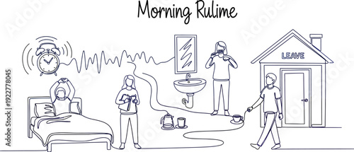 Line art illustration depicting a continuous flow of morning routine activities from waking up with an alarm clock through hygiene and leaving the house.