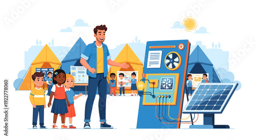 Teacher explaining solar energy to diverse children.