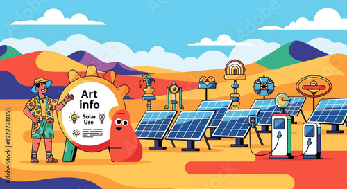 Two cartoon characters holding a circular Art Info sign with text and icons.