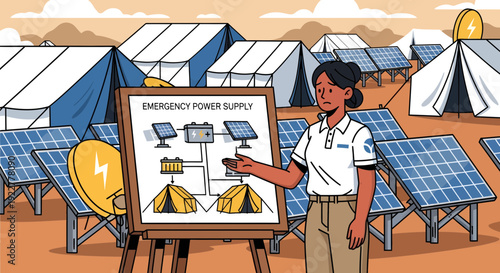 Woman explaining emergency power supply diagram with solar panels.