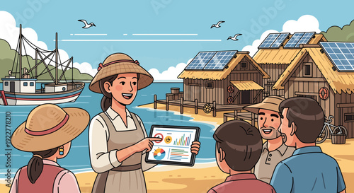 Woman presenting data on tablet to group of people.