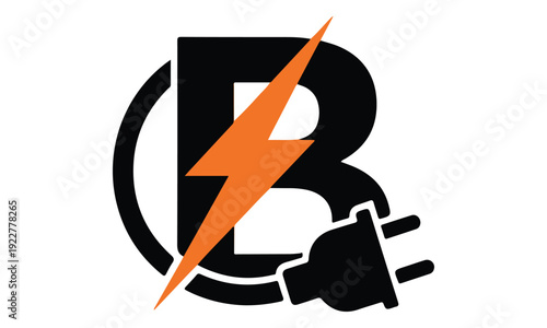B Letter Logo with Orange Lightning Bolt and Black Electric Plug