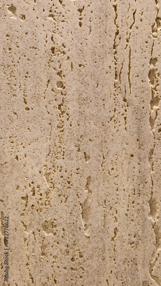 Obraz premium Natural beige travertine stone texture with vertical organic pits, premium limestone surface background