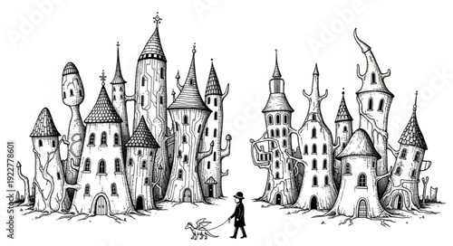 Whimsical cityscape featuring a person walking a dog, exploring architectural wonders.