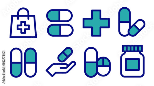 Medical icon set, pill and capsule medicine icon