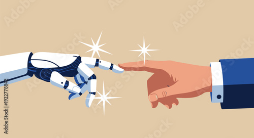 Robot hand and human hand touching fingers