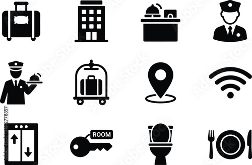 Hotel service solid icons set, black vector collection of hospitality amenities symbols isolated on white background