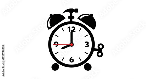 Classic alarm clock design showing the time with a hammer on top, ready to wake up.
