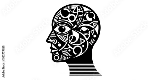 Intricate black and white head silhouette with artistic geometric patterns.