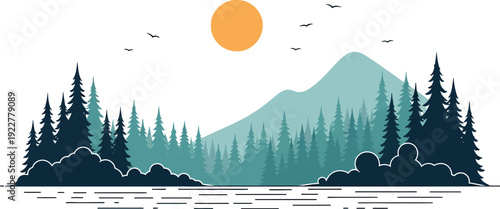 Minimalist vector illustration captures a serene wilderness landscape featuring layered evergreen trees beneath misty blue mountains under a bright orange sun and several small birds flying overhead.