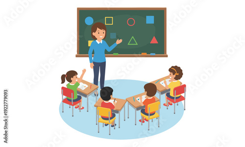 Teacher instructing children about geometric shapes in classroom