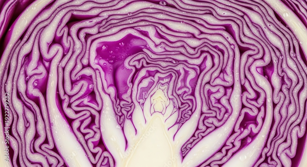 Obraz premium Cross section of a fresh purple vegetable displays intricate layered patterns with moisture droplets