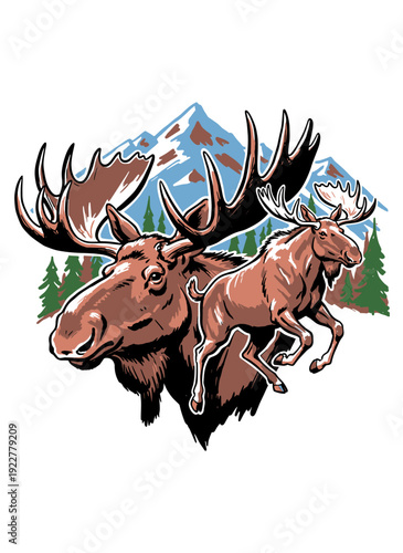 Moose wilderness emblem with mountains and pine trees, vintage hand drawn vector illustration for outdoor adventure branding.