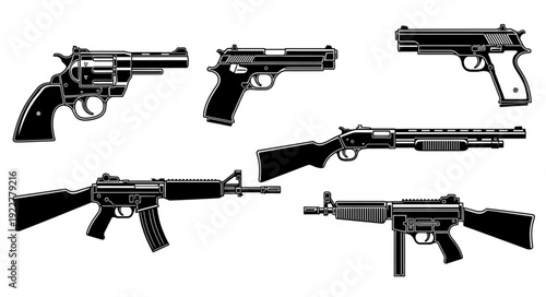 Collection of various firearms, including pistols, revolvers, and rifles, all in black and white.