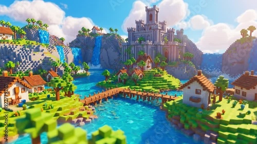 Voxel Fantasy Kingdom Animation with Medieval Castle, Waterfalls and Village Landscape, Colorful Block Style Game Environment, 3D Pixel Art World for Adventure, Sandbox and Creative Gaming Projects