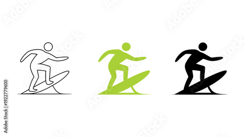 A collection of three surfer icons, one in a bright green hue, depicting a person riding a surfboard on a small wave.