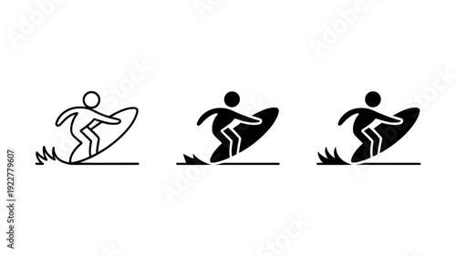 Three minimalist surfer icons, including a black silhouette, depicting a person riding a surfboard on a stylized wave.