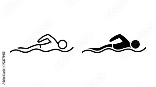 Two simple swimmer icons illustrate a person performing a dynamic crawl stroke in both outline and solid black variations.