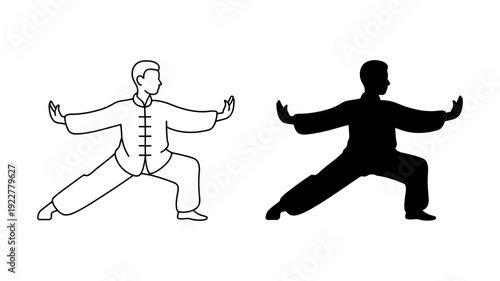 A man performing a graceful Tai Chi pose, depicted in detailed line art and a striking solid black silhouette.