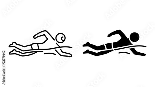 A pair of minimal icons showing a swimmer in action, presented as a clean outline and a strong solid silhouette.