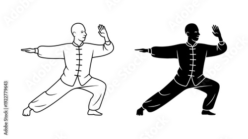 Two artistic representations of a man engaged in a Tai Chi form, presented as outline and solid figures.