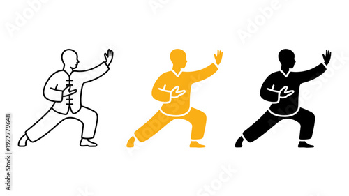 Three distinct graphic icons illustrating a Tai Chi practitioner in outline, vibrant yellow, and solid black styles.