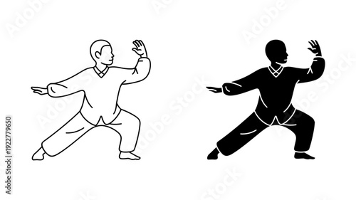 A male practitioner performing a balanced Tai Chi movement, shown as a detailed line drawing and a solid silhouette.