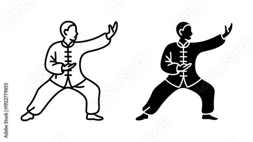 Two clear illustrations of a man performing a traditional Tai Chi move, provided in outline and solid silhouette forms.