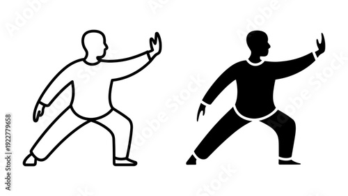 A man in relaxed uniform performing a Tai Chi pose, illustrated as clean outline and strong solid silhouette.
