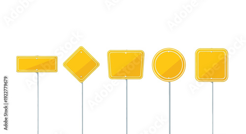 Yellow road warning signs on metal posts collection