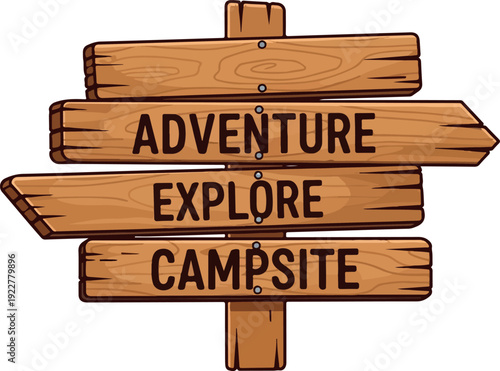 A wooden signpost indicating directions to adventure, exploration, and campsite in a serene outdoor setting