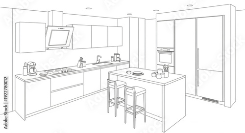 Modern Kitchen Interior Design Sketch with Island and Stools.