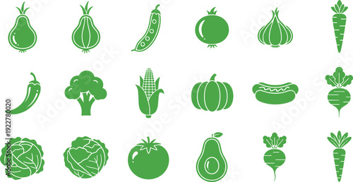 Green Solid Vegetable Icons Set – Minimal Organic Food Glyph Vector Collection