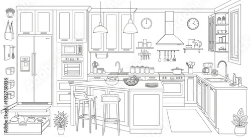 Modern Kitchen Interior Design Sketch with Island.