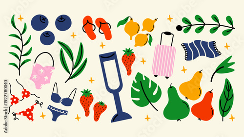 Bright summer stickers inspired by 90s retro cartoons. Vacation party mood, beachwear, sun and coastal vibes in playful groovy funky sticker designs.