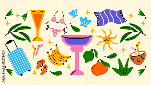 Cartoon summer sticker pack in retro 90s style. Beach vibes, sun, swimwear, party mood and vacation energy. Bright groovy funky elements for labels and stamps.