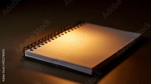 An open spiral notebook with lined pages bathed in dramatic warm light on a dark textured surface suggesting creativity or reflection
