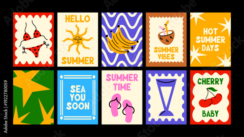 Minimal sea summer posters inspired by beach life, bikinis and ocean calm. Trendy wall decor with fruits, plants and cocktails in playful cartoon shapes.