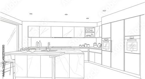 Modern Office Interior Design Sketch with Furniture and Windows.