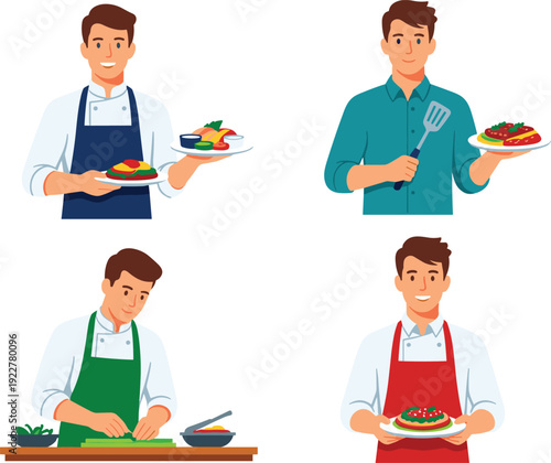 Professional chefs cooking and serving dishes, flat vector illustration set of restaurant kitchen staff preparing gourmet meals