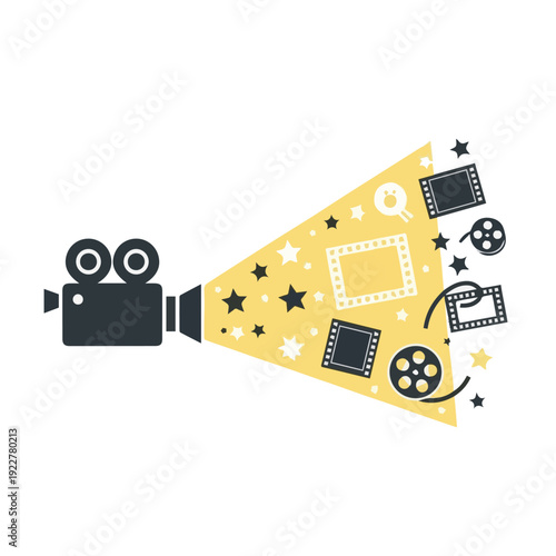 Film projector illustration with bright spotlight and movie icons representing entertainment, creativity, and cinematic storytelling