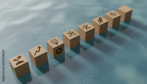 Wallpaper Mural Sequenced Wooden Blocks with Growth and Innovation Icons Torontodigital.ca