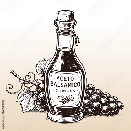 Balsamic vinegar from Modena, Italy, vector illustration created with AI, isolated on a beige gradient background.